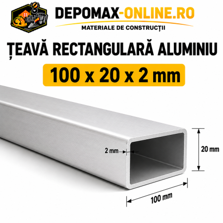 Teava rectangulara aluminiu 100 x 20 x 2 mm, 6 metri (EN AW-6060)